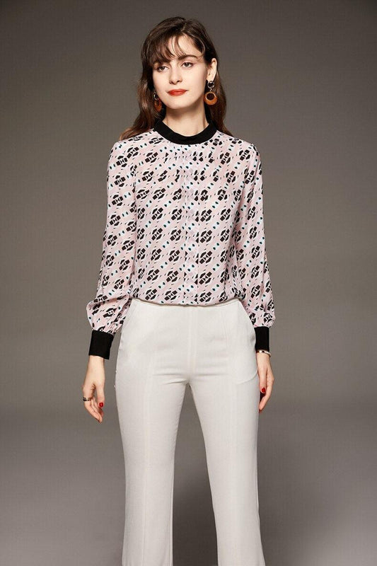 100 silk women's shirt o neck long sleeves printed ruched pullover fashion blouse elegant tops