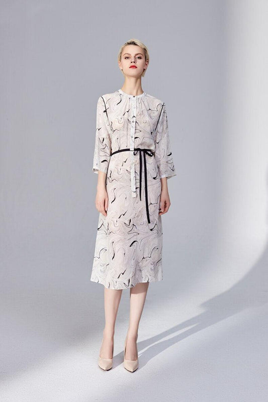100% heavy silk women's runway dresses o neck 3/4 sleeves printed sash belt fashion casual spring summer dresses