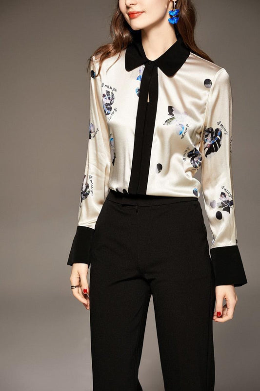 100 silk women's shirt turn down collar long sleeves printed fashion elegant blouse tops camisas