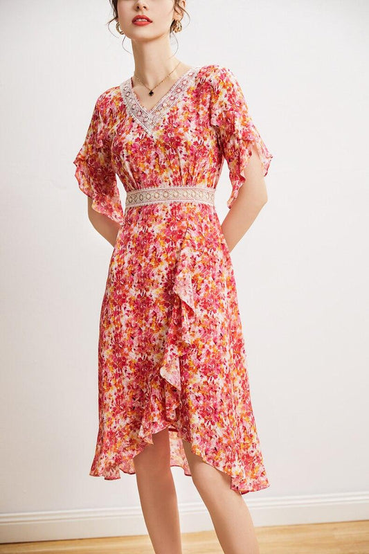 100% natural silk women's dresses sexy v neck short sleeves lace piping asymmetrical ruffles printed summer dress