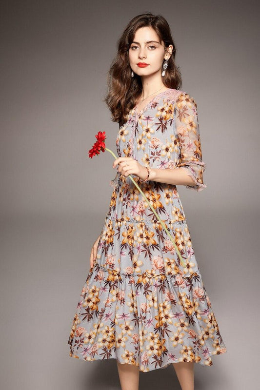 100% natural silk women's dresses sexy v neck half sleeves lace patchwork floral printed ruffles fashion mid summer dress
